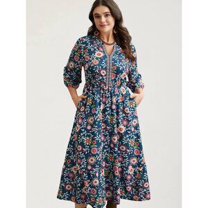 Boho Floral Maxi Dress Women 14-16 Navy Elastic Waist Pockets NWT